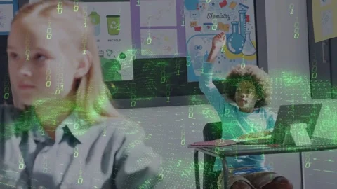 Classroom girl turning while boy raising hand to answer, green code revealing Stock Footage 334693924