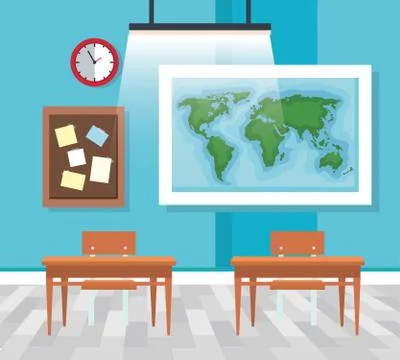 Classroom with global map and note board with desks Stock Illustration