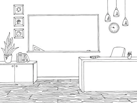 Classroom graphic black white interior sketch illustration vector Stock Illustration