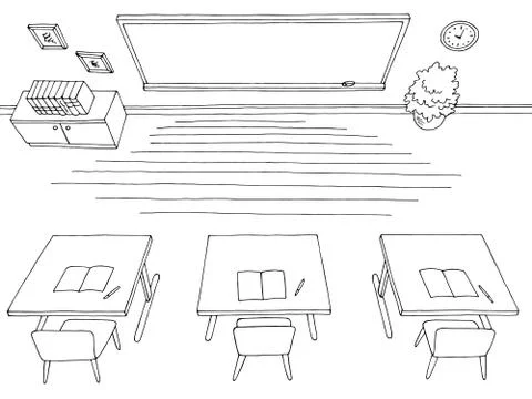 Classroom graphic black white interior top aerial view sketch illustration vecto Illustrazione stock