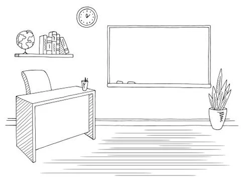 Classroom graphic black white interior sketch illustration vector  Stock Illustration