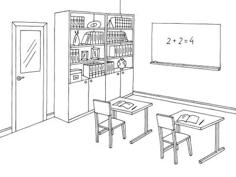 Classroom graphic black white interior sketch illustration vector  Stock Illustration