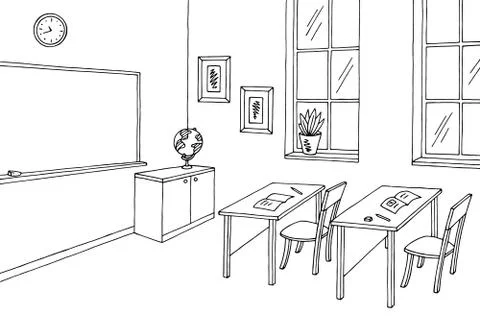 Classroom graphic black white interior sketch illustration vector  Stock Illustration