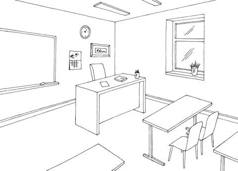 Classroom graphic black white interior sketch illustration vector Stock Illustration