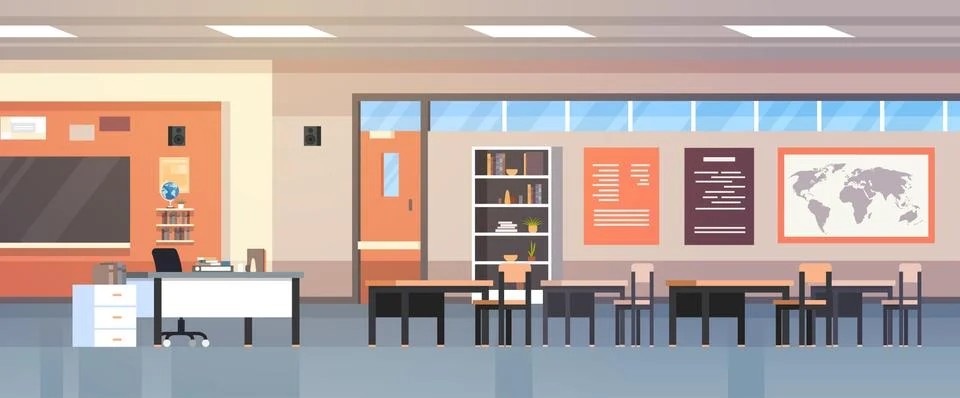 Classroom Interior Empty Modern School Class With Chalk Board And Desks Stock Illustration