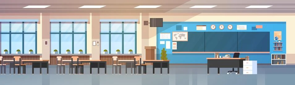 Classroom Interior Empty School Class With Board And Desks Horizontal Banner Stock Illustration