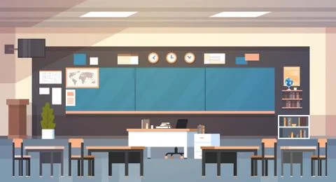 Classroom Interior Empty School Class With Board And Desks Stock Illustration