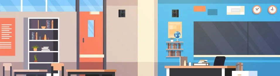 Classroom Interior Empty School Class Room With Teacher Desk, Computer And Board イラスト素材