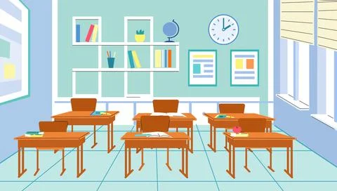 Classroom interior in school. High or elementary class, room in kindergarten or Stock Illustration