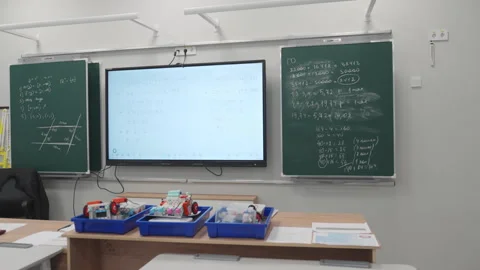 Classroom large interactive display flanked by chalkboards Stockbeeldmateriaal 332717667