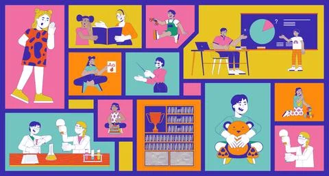 Classroom learning and playful education bento grid illustration set Stock Illustration