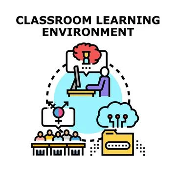 Classroom learning environment with diverse online resources Stock Illustration