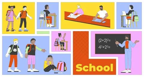 Classroom learning, friendship and math education bento grid illustration set Stock Illustration