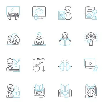 Classroom linear icons set. Learning, Teacher, Students, Education, Desk, Board Stock Illustration