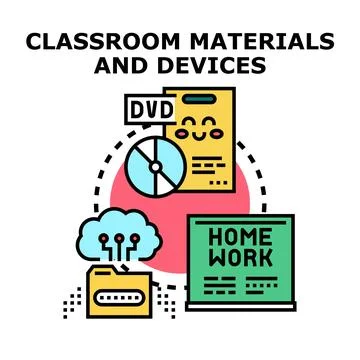Classroom materials technology devices and homework concept 库存插图