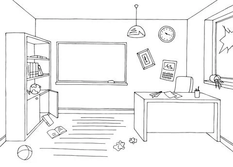 Classroom mess graphic black white interior sketch illustration vector Ilustración de archivo