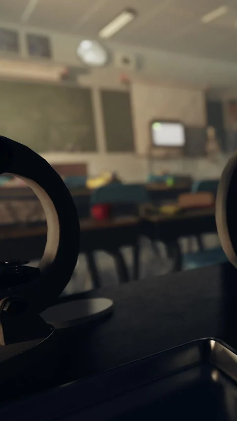 Classroom with microscopes and empty chairs during a school day Stock Footage 335689155
