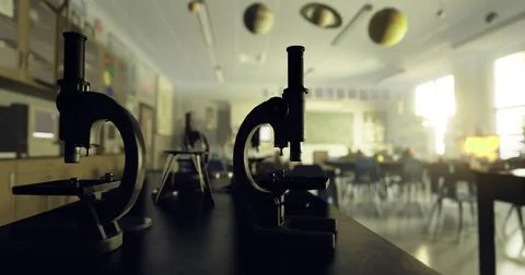 Classroom with microscopes and planetary models in a science lab Stock Illustration