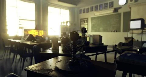Classroom with natural light highlighting a science model on a desk Stock Illustration