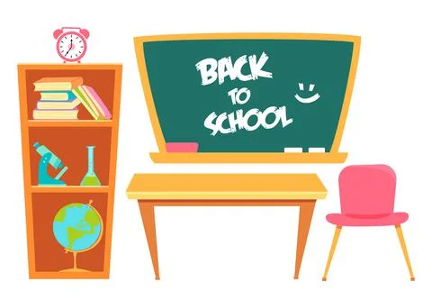 Classroom objects. Flat vector illustration om white isolated background. Illustrazione stock