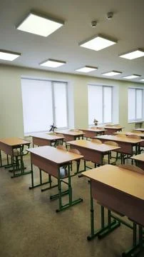 Classroom represents education and knowledge with empty desks and chairs Stock Photos