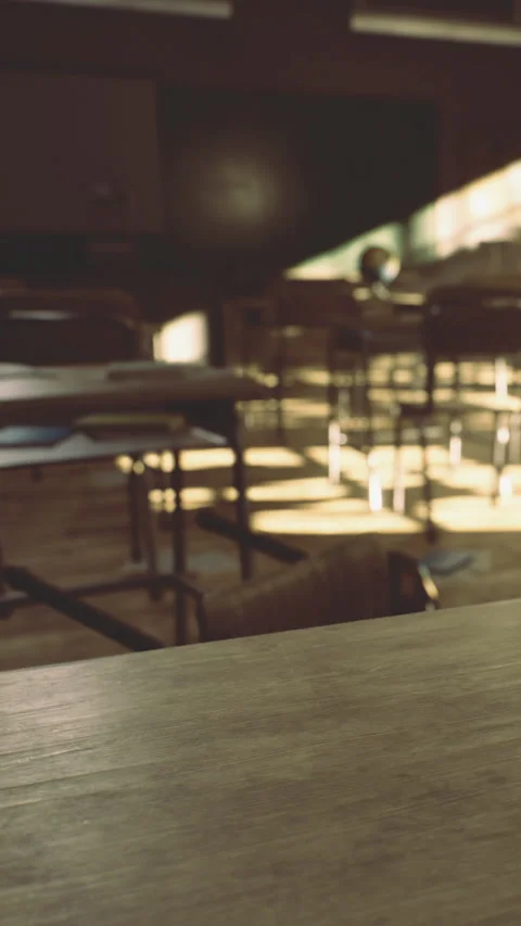 Classroom scene with empty chairs and sunlight during afternoon hours Stock Footage 334248085