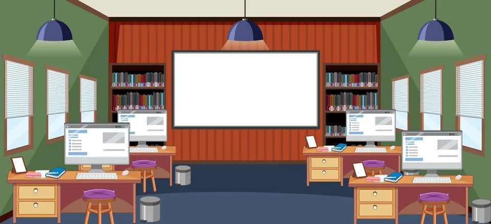 Classroom scene with many computers on desks Illustrazione stock