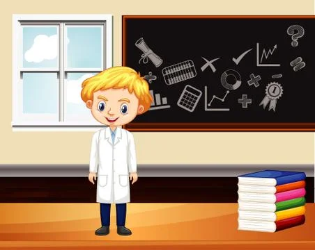 Classroom scene with science student by the board Illustrazione stock