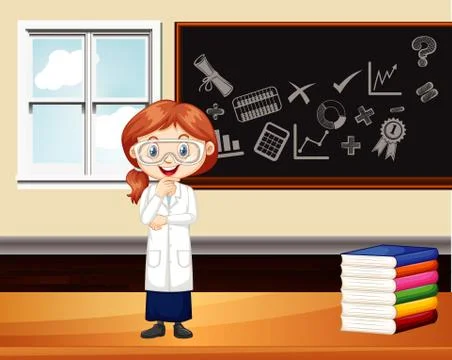 Classroom scene with science student by the board Illustrazione stock