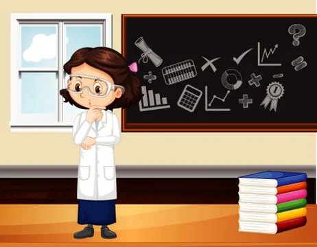 Classroom scene with science student standing by the board Illustrazione stock