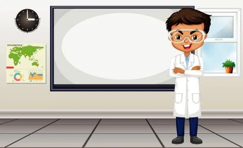 Classroom scene with science teacher standing by the board Stock Illustration