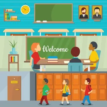 Classroom school banner horizontal set, flat style 스톡 일러스트