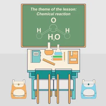 Classroom in school with desk and chalkboard. Chemistry class. Vector 스톡 일러스트