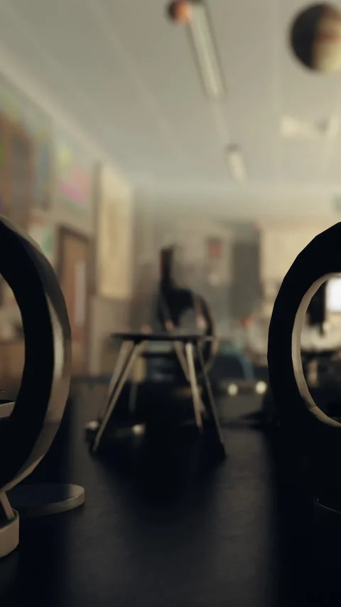 Classroom set up with scientific equipment and a chair in focus during daytime Stock Footage 340279535