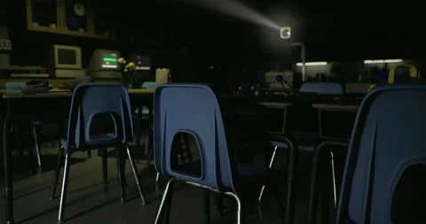 Classroom setting with blue chairs and projector illuminating space Stock Footage 327258156