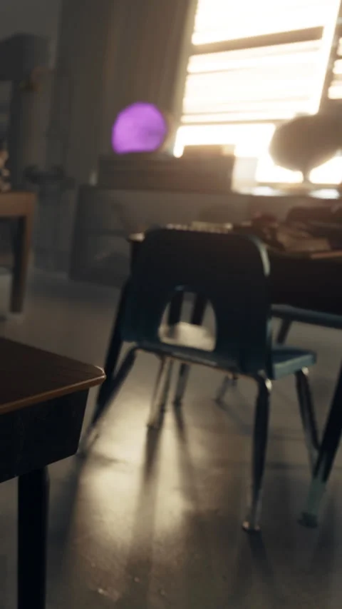 Classroom setting with chairs, desks and light coming through windows Stock Footage 340259107
