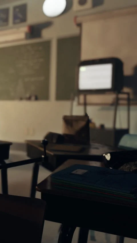 Classroom setting with desks and blackboard during school day hours Stock Footage 335688471