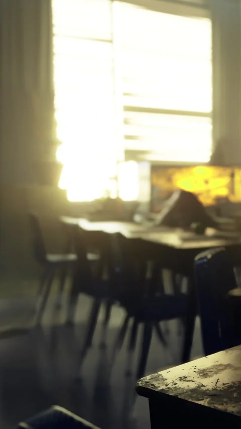 Classroom setting during sunset with computers and desks arranged Stock Footage 332232515