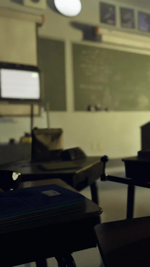 Classroom setting with forgotten objects and an old television Stock Footage 332228195