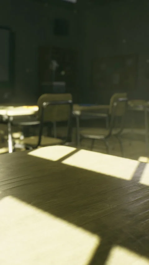Classroom setting with sunlight entering and empty chairs and tables Stock Footage 334247380