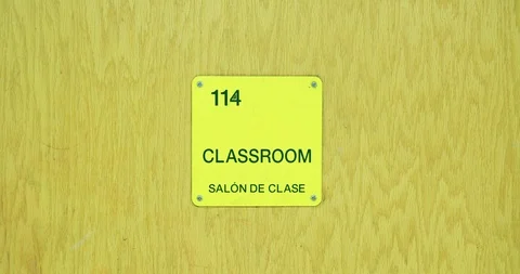 Classroom Sign on Door at School Centered Handheld Stock-Footage 101607848