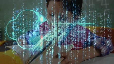 Classroom student flipping book pages while code streams over cloud icon and bar Stock Footage 326765459