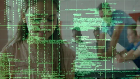 Classroom student tapping tablet initiating green code overlay while teacher Stock Footage 310663178