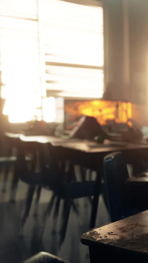 Classroom with sunlight streaming in through windows during the afternoon Stock Footage 335689147