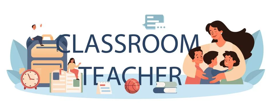 Classroom teacher typographic header. Profesor standing in front Stock Illustration