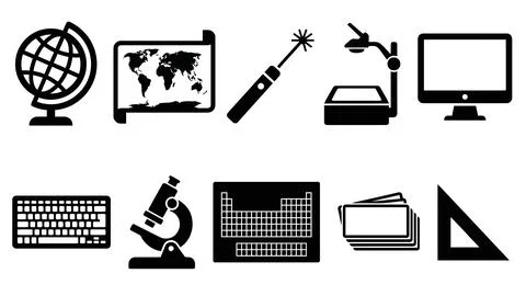 Classroom teaching aids and scientific research tool icons for school and a.. Stock Illustration