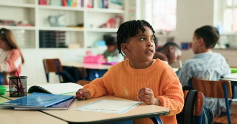 Classroom, thinking and child frustrated for writing answer in test, math quiz Stock Footage 316148659
