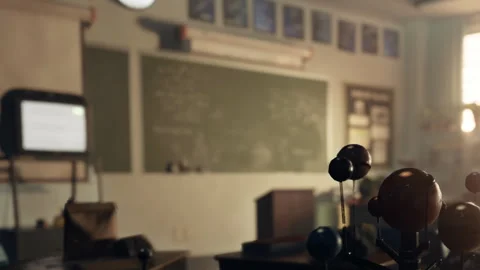 Classroom of Wonders With Planets and Old Skeleton in the Background Stock Footage 344544924