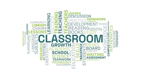 Classroom word cloud animation with education and school related typography.. Stock Footage 341683460