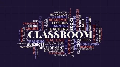 Classroom word cloud animation with educational terms and typography on dar.. 库存影片 341683479